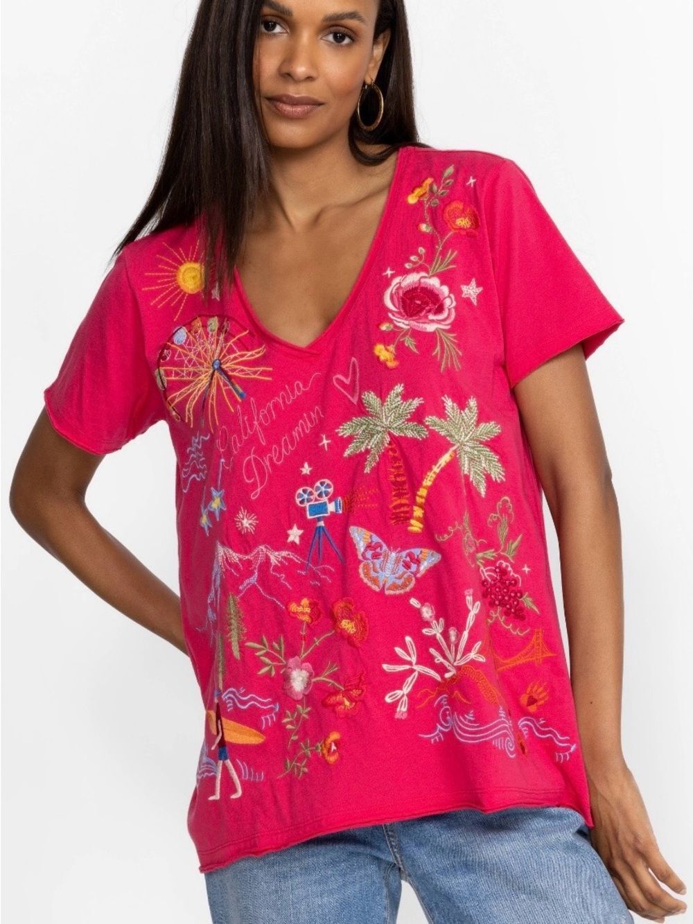Johnny Was California Everyday Tee Raspberry Pink Embroidered V Neck Top S
